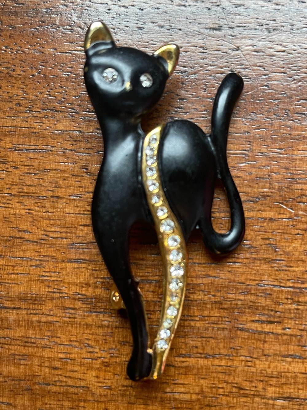 Vintage Black Cat Brooch Pin – Black Enamel, Gold Tone & Rhinestones